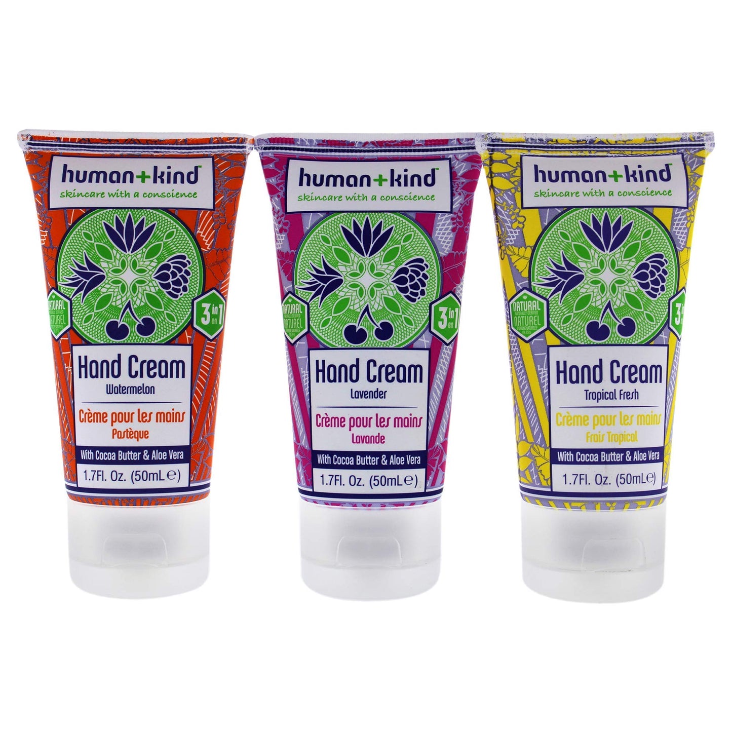 Human+Kind Moisturizing Hand Cream Trio - Three Scented Hydrating Creams with Avocado Oil and Shea Butter - Intense, Fast Absorbing Moisturizer for Smooth Skin - For Dry, Cracked Skin Relief - 3 pc