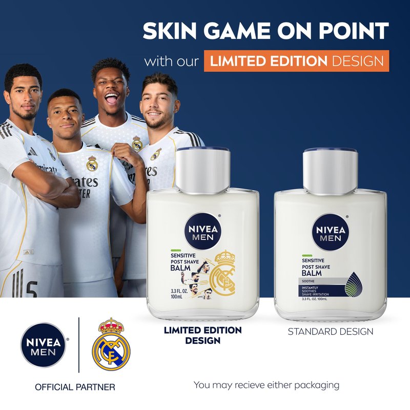 NIVEA MEN Real Madrid Limited Edition Design Sensitive Post Shave Balm, with VitaminPro Complex, Alcohol Free After Shave Balm for Men, 3.3 Fl Oz Bottle, Pack of 3