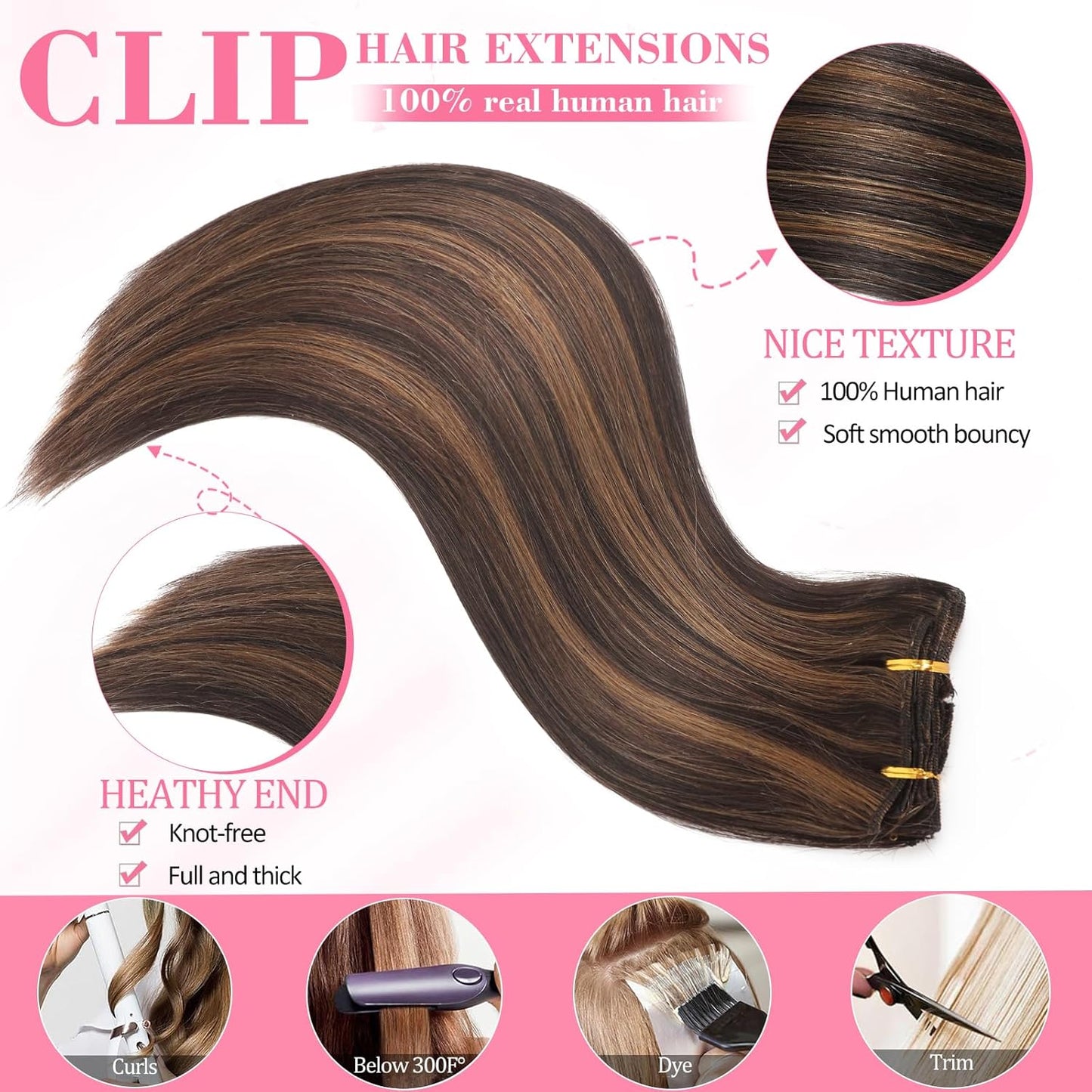 Clip In Hair Extensions - Real Human Hair Seamless Balayage | 16 Inch, 8 Pcs, Dark Brown & Chestnut Highlights