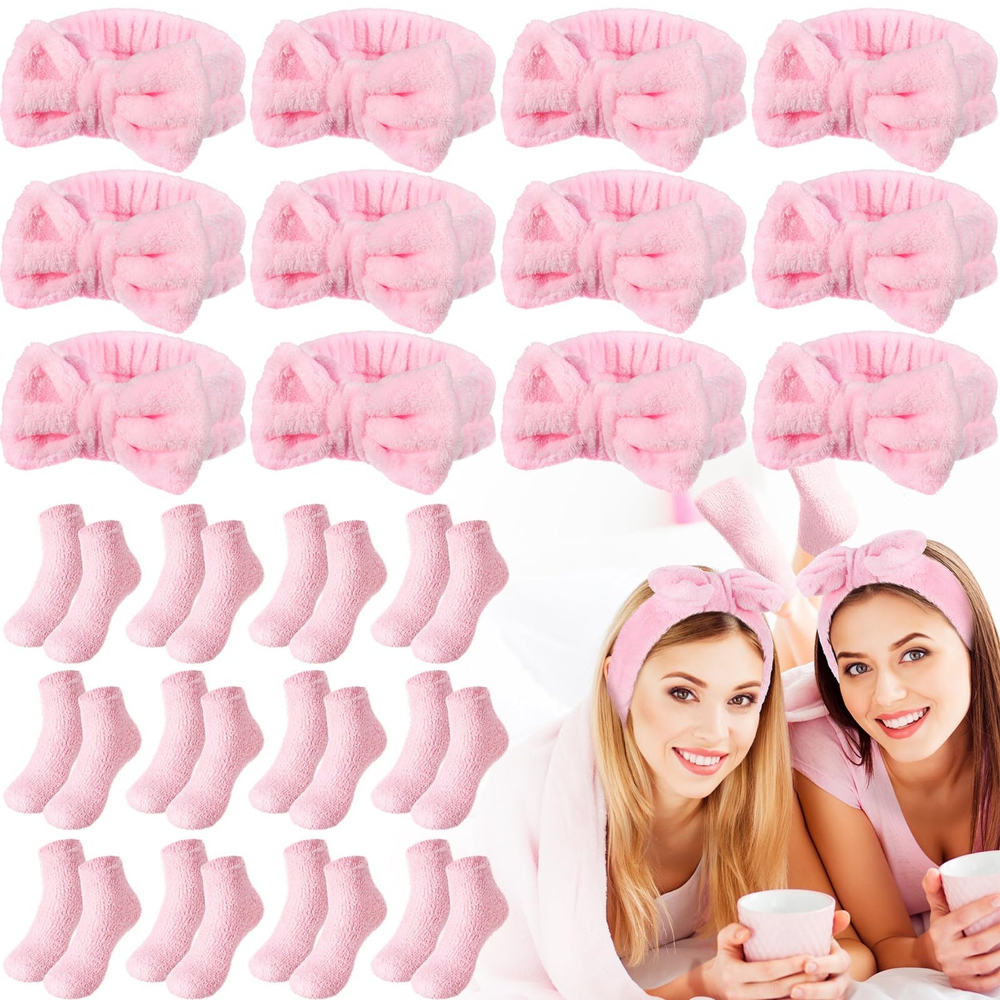 Shyyween 24 Pcs Pink Spa Party Favors Sleepover Party Supplies for Girls Include 12 Spa Headband, 12 Fuzzy Socks for Slumber, Bachelorette, Pajama Gift
