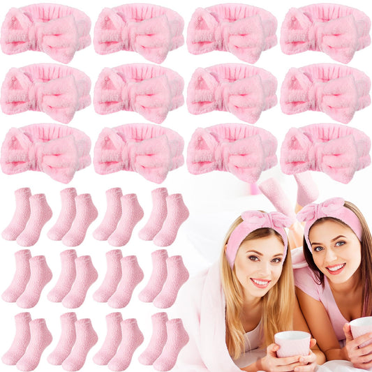 Shyyween 24 Pcs Pink Spa Party Favors Sleepover Party Supplies for Girls Include 12 Spa Headband, 12 Fuzzy Socks for Slumber, Bachelorette, Pajama Gift