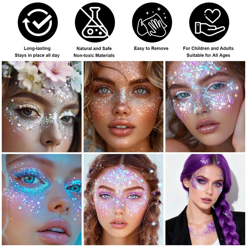 Biodegradable Holographic Body Glitter Gel, Cosmetic-Grade, Long-Lasting Glitter for Face,Body and Hair, Perfect for Festivals and Parties