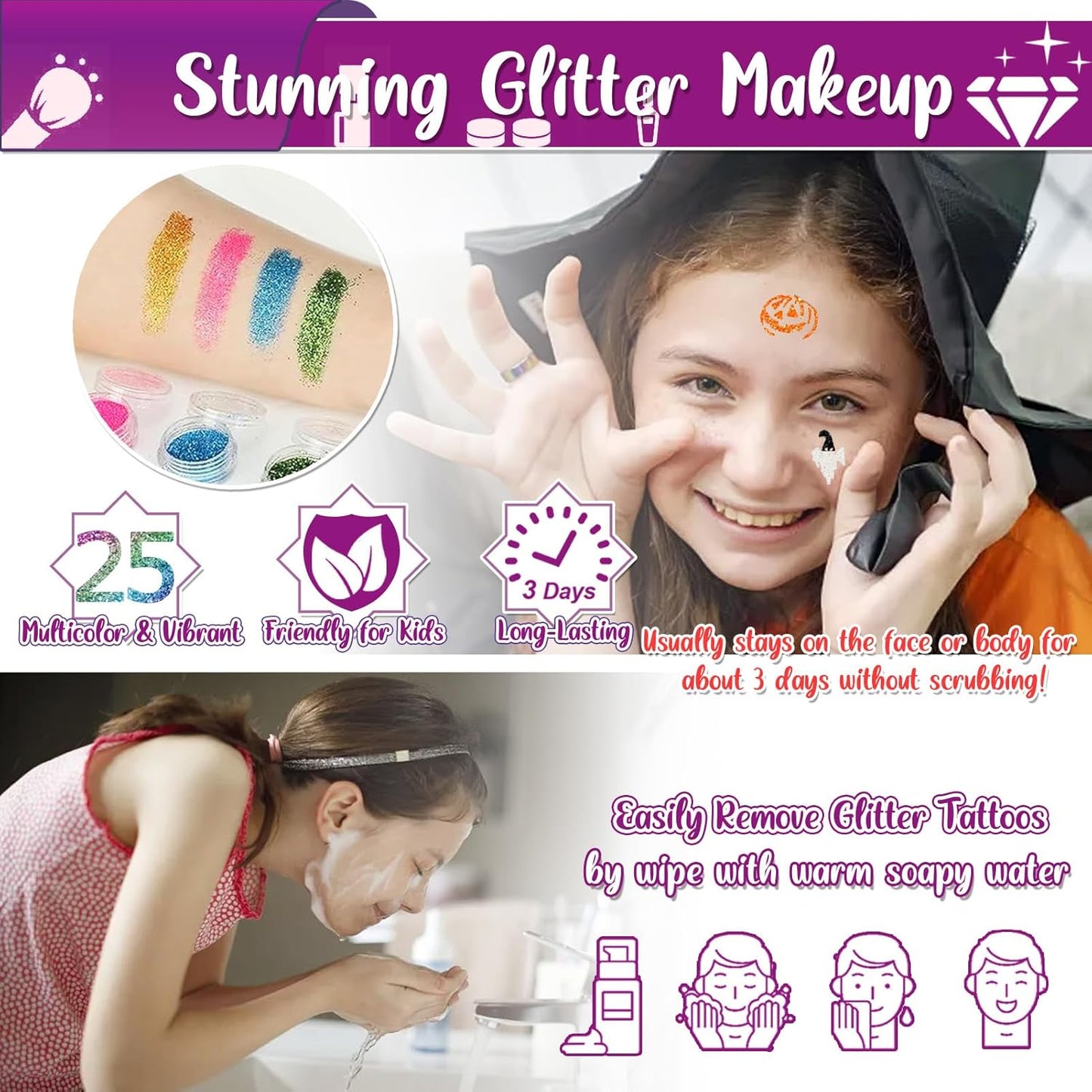Kids Glitter Tattoo Kit - 25 Colors, 225 Stencils & Glow-in-the-Dark Temporary Tattoos | Perfect for Halloween & Birthday Fun