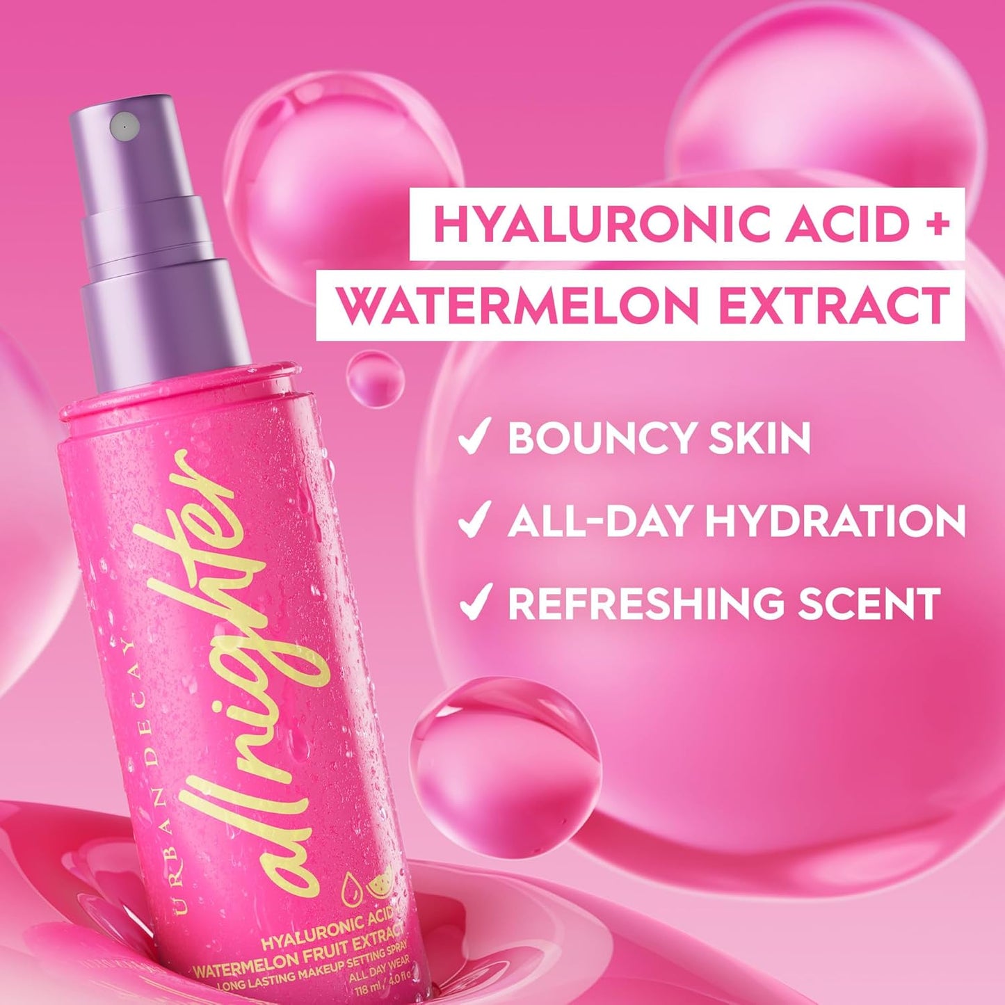 Urban Decay All Nighter Setting Spray - Hyaluronic Acid, Waterproof, Dewy Finish | Long-lasting & Smudge-proof Makeup