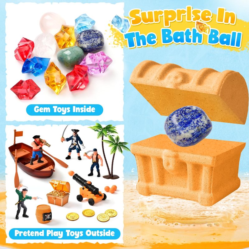 Toylink Bath Bombs for Kids with Diving Gem Toys Inside, 12 Pack Treasure Chest Bath Bombs with Surprise Pirate Accessories Pretend Playset, Handmade Bubble Bath Fizzies Birthday Christmas Gift Set