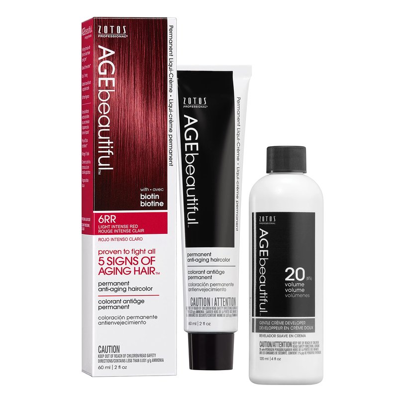 AGE beautiful Permanent Hair Color Dye Liqui Creme & Developer 20 Volume | 100% Gray Coverage | Anti-Aging | Biotin for Thicker, Fuller, Healthier Hair | 6RR Light Intense Red