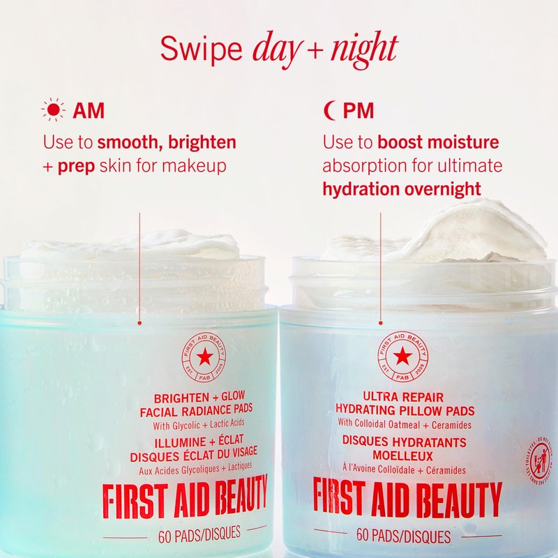 First Aid Beauty - Facial Radiance Pads with Glycolic & Lactic Acids, Daily Exfoliating Pads with AHA, Visibly Smaller Pores, Help Tone & Brighten Skin, One-Step Makeup Prep, Compostable, 90ct
