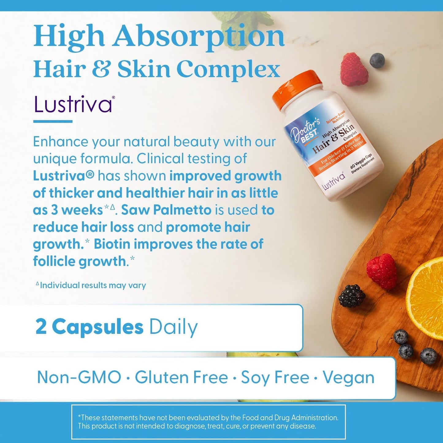 High Absorption Hair & Skin Complex, Clinically Shown to Grow Thicker, Healthier Hair in 3 Weeks, Supports Hair Growth & Skin Health, Non-GMO, Gluten Free, Soy Free, Vegan, 60 Veggie Capsules