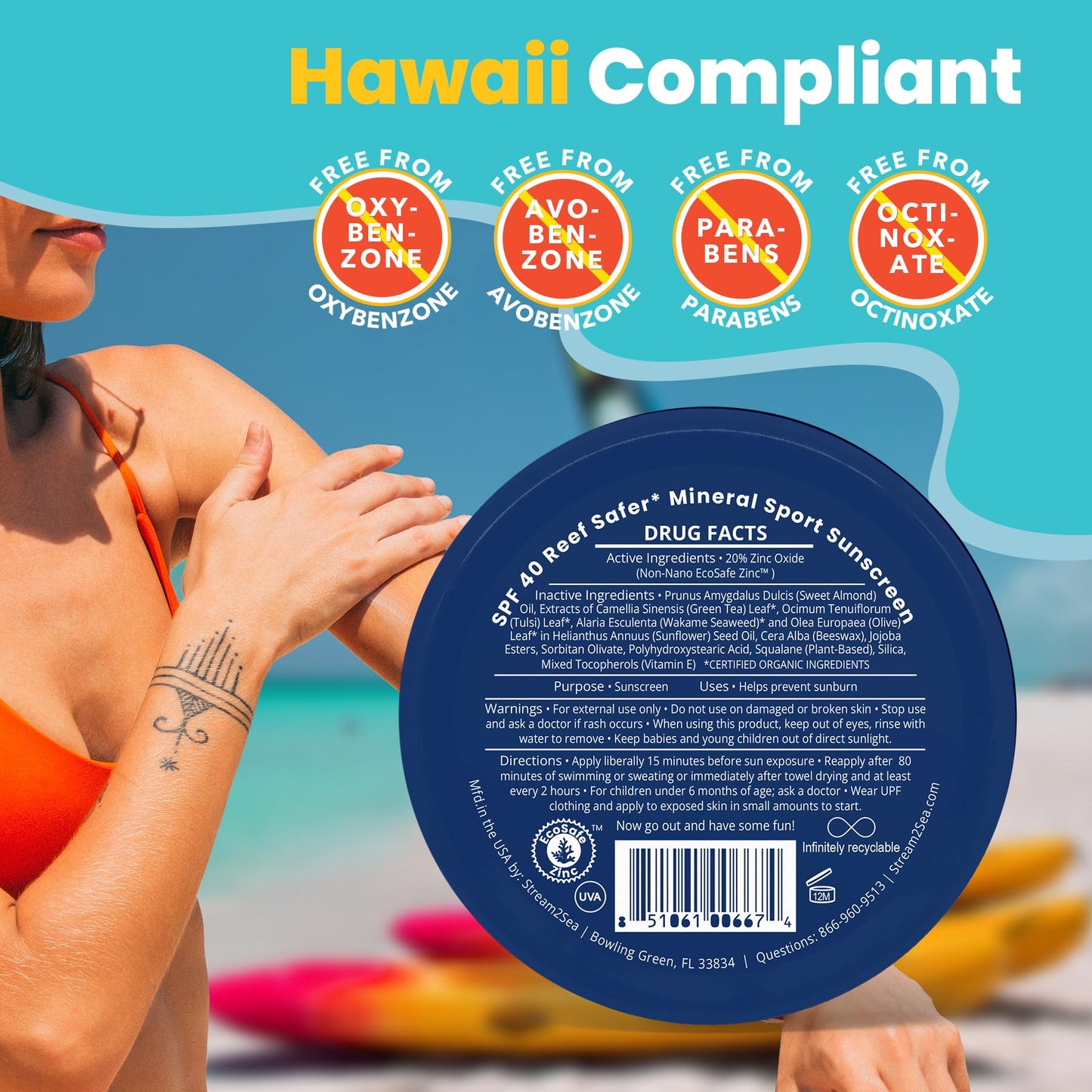 STREAM2SEA SPF40 Unscented Mineral Sport Sunscreen in Tin with EcoSafe Zinc for Face & Body, Natural Organic Biodegradable Coral Reef Safe Sunscreen, Travel Size, Mineral Based, 2 Pack
