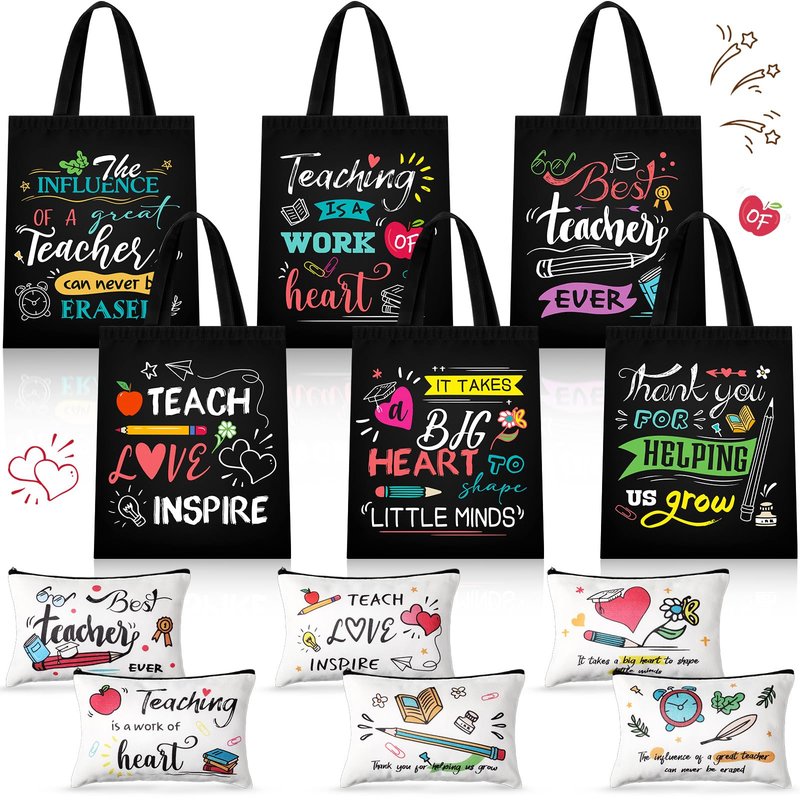 Blosssound 12 Pcs Teacher Appreciation Gift for Women Canvas Tote Bag Thank You Teacher Cosmetic Makeup Bag(Dark)