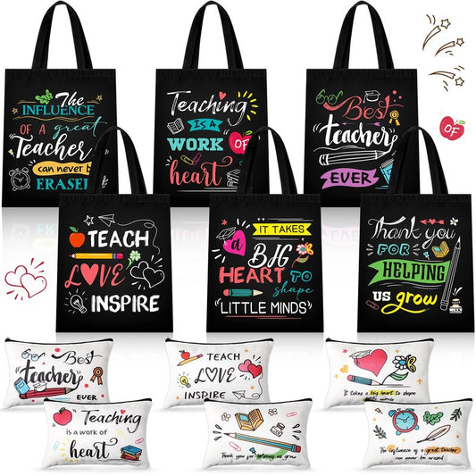 Blosssound 12 Pcs Teacher Appreciation Gift for Women Canvas Tote Bag Thank You Teacher Cosmetic Makeup Bag(Dark)