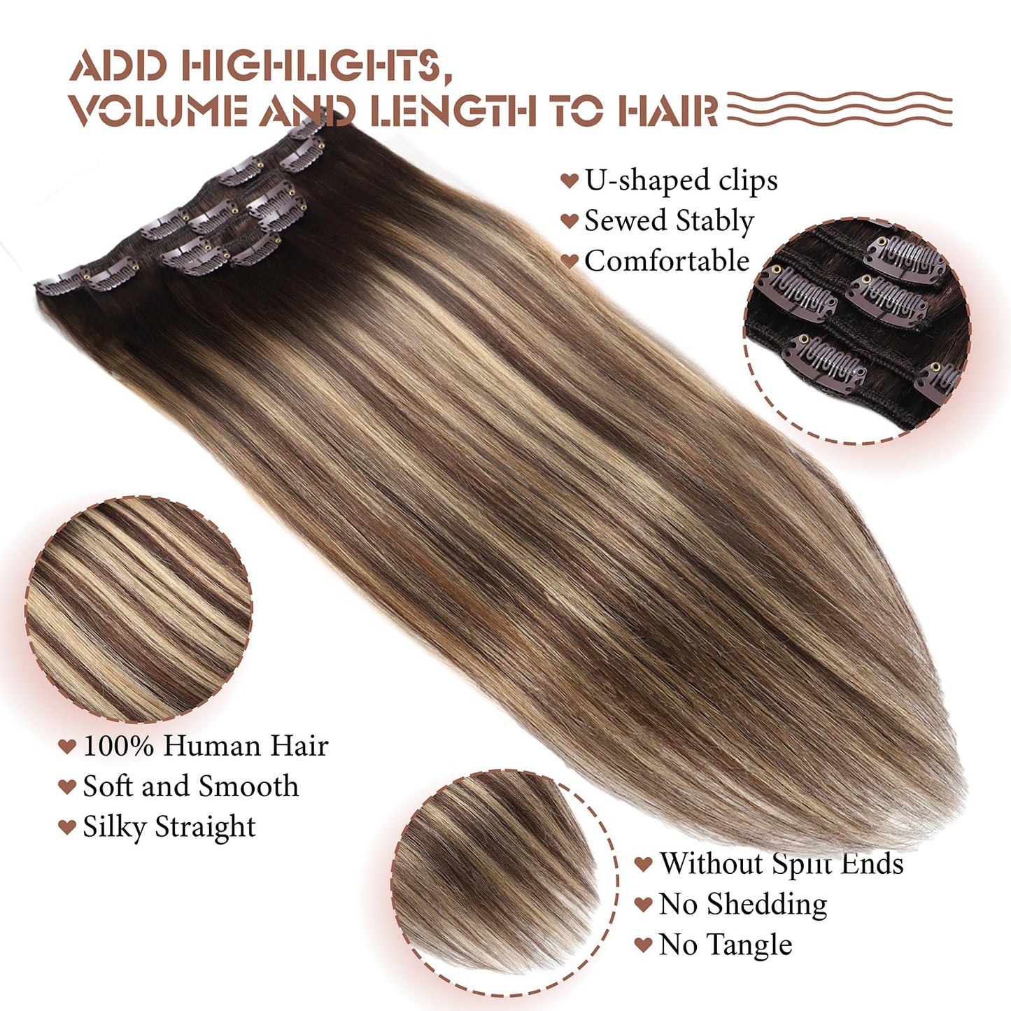 Hair Extensions Real Human Hair Clip in Hair Extensions Straight Remy Human Hair Extensions Clip ins Chocolate Brown to Caramel Blonde Clip in Extensions for Women Double Weft 16 Inch 5pcs