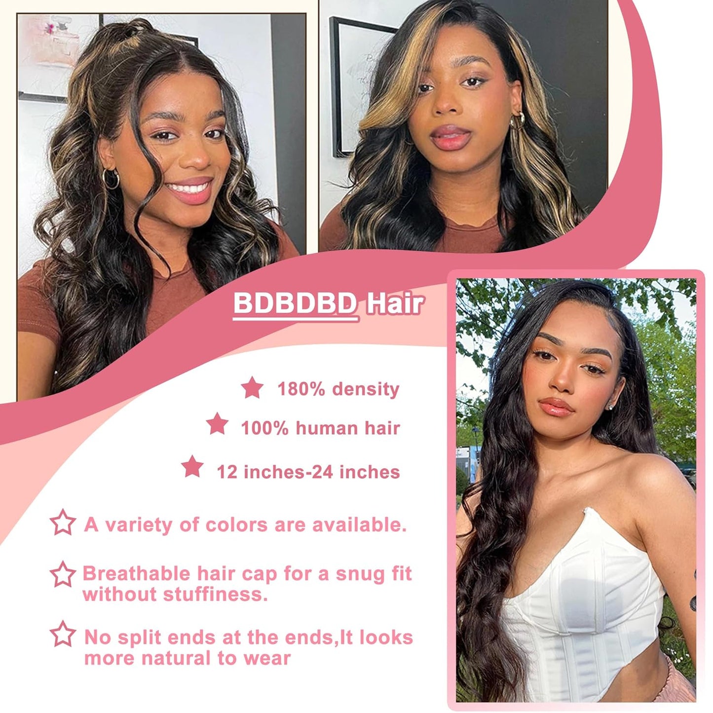 V Part Wig - 100% Real Human Hair Body Wave | No Leave Out, No Glue, 180% Density, 14 Inch, 1B/30
