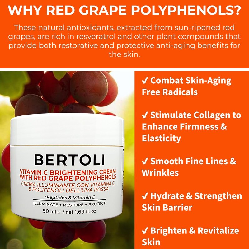 Brightening Cream - Polyphenol Moisturizer with Peptides, Hyaluronic Acid & Vitamin C | Italian Skincare | Vegan
