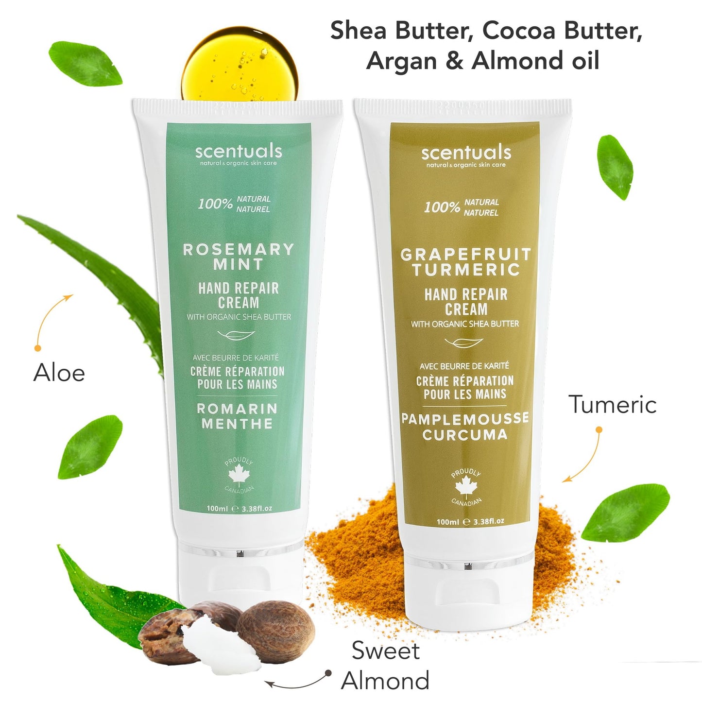 Scentuals Hand Cream Set of 2, with Shea Butter, Cocoa Butter, Argan & Almond oil, Moisturizing Dry Hands. Rosemary Mint + Grapefruit Turmeric (100ml x 2/3.38 fl.oz x 2)