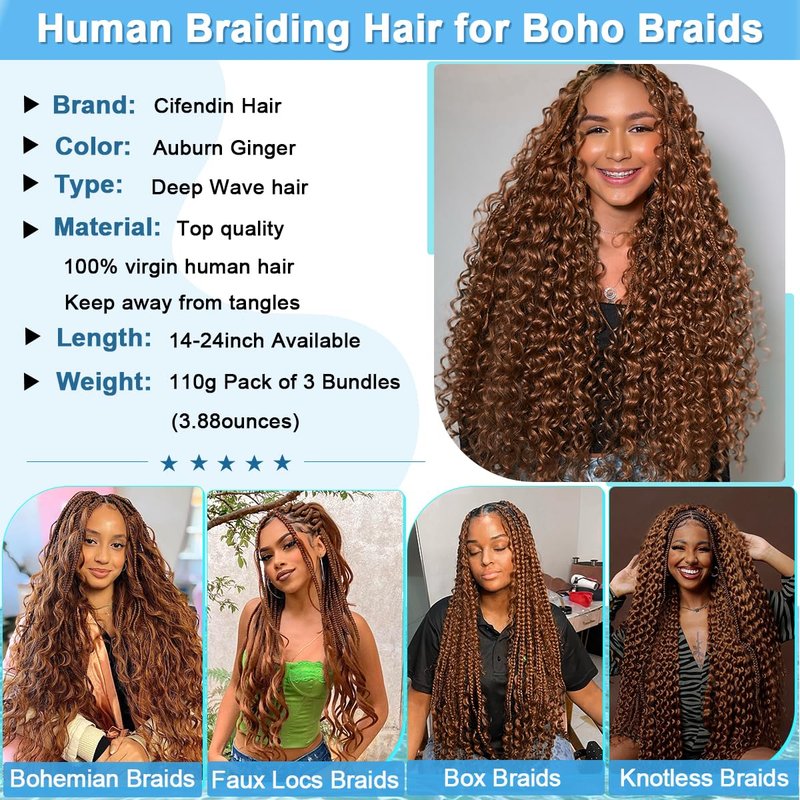 CIFENDIN Human Braiding Hair for Boho Braids 110g 16 Inch Burgundy Curly Boho Hair for Braiding Knotless 12A Deep Wave Wet and Wavy Bulk Bohemian 3 Bundles/Pack Color 99J