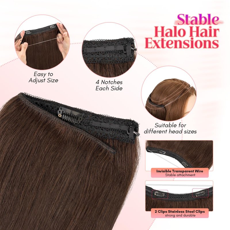 Rich Choices 100% Real Human Halo Hair Extensions Remy Short Invisible Wire Halo Hair Extensions Human Hair Clip in Hair Piece Straight 12 Inch #2 Dark Brown