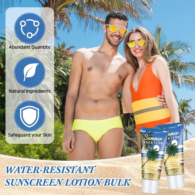 Dansib 24 Pcs Mini Sunscreen Bulk for Summer Party Wedding SPF 30 Water Resistant Sunscreen Lotion Bulk 1oz Travel Size for Thank You Gifts Wedding Supplies (Vacation)