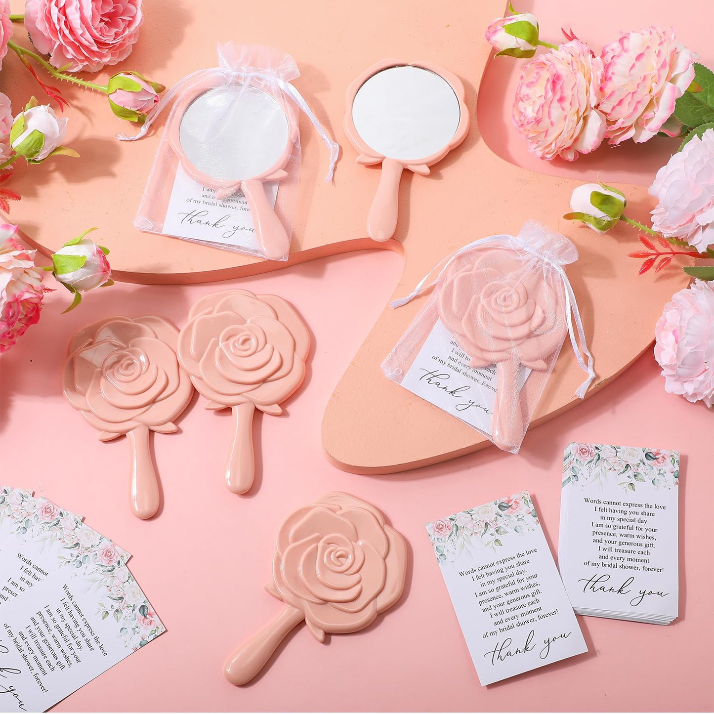 Wenqik 50 Sets Bridal Shower Favors Rose Compact Mirrors Bulk Wedding Favors for Guests Rose Compact Handheld Mirrors with Thank You Cards and Organza Bags Wedding Party Guests Souvenir Gifts (Pink)