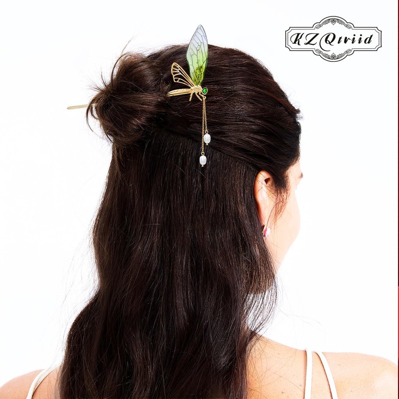 KZQtriid Hair Accessories，14k Gold Plated Copper，Vintage Handcrafted，Colour Enamels Green Dragonfly Tassels Hair Stick，5.90"Hair Clip.Hair Chopsticks For Women