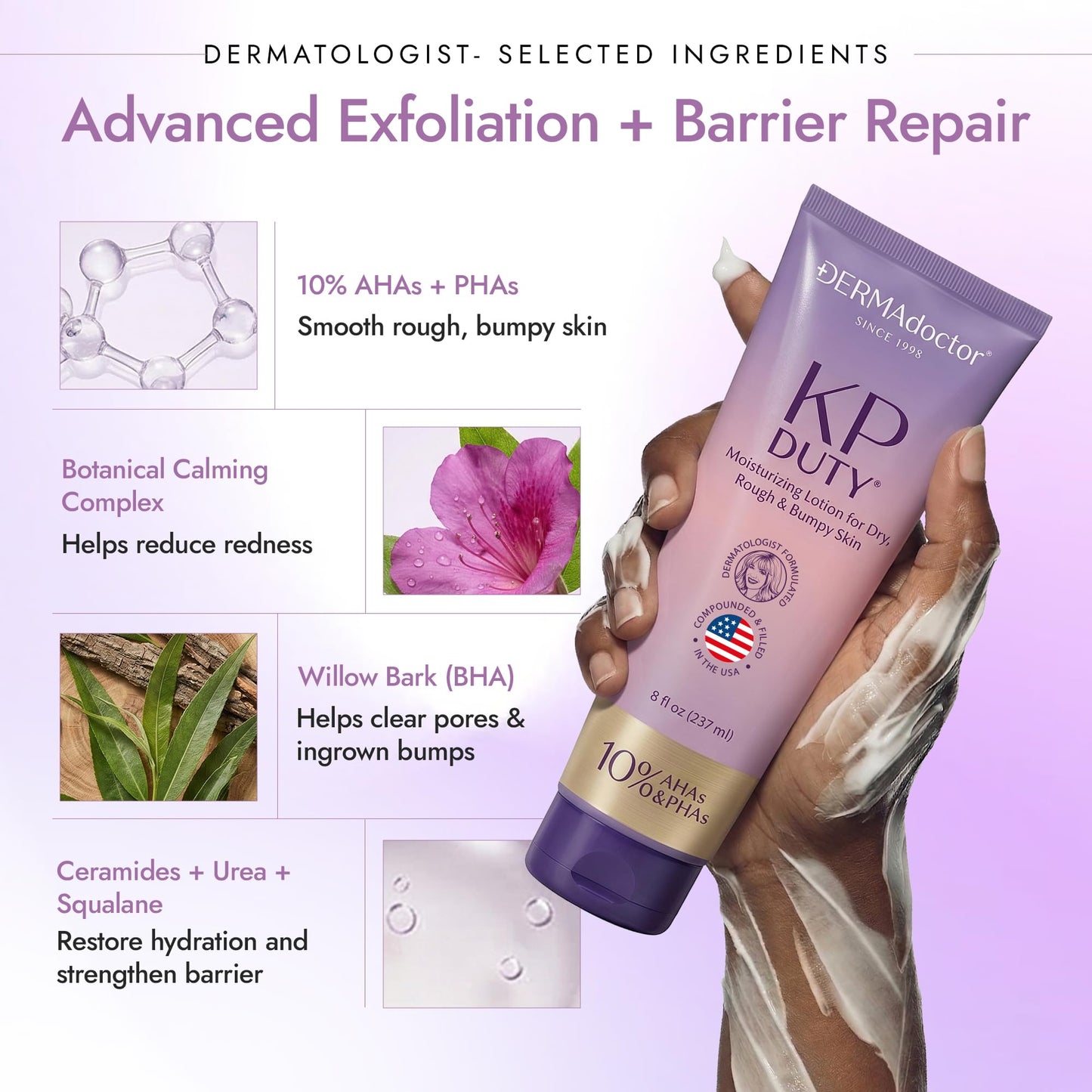 DERMAdoctor KP Moisturizing Lotion The Original Dermatologist Formulated Body Cream for Keratosis Pilaris | Treats Dry, Rough, and Bumpy Skin | Strawberry Legs Treatment | 10% AHAs + PHAs - 8 oz