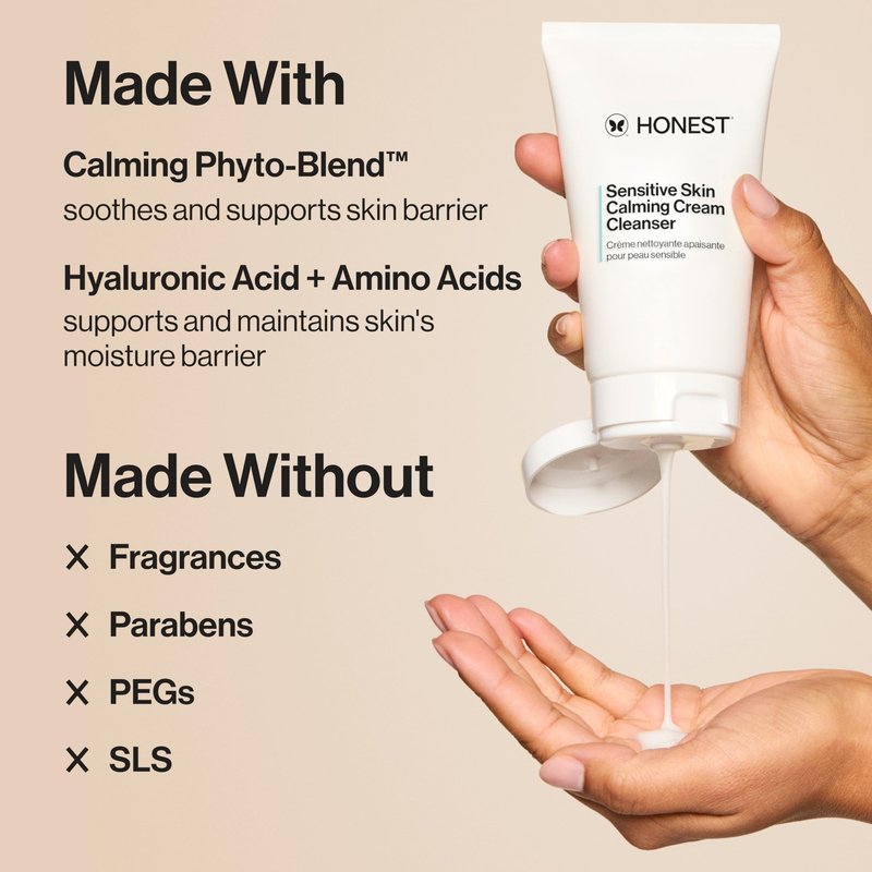 Honest Beauty Sensitive Skin Calming Cream Cleanser, Gently Cleanses Hydrates Calms, Hypoallergenic, Fragrance-Free, Vegan, 4 fl oz