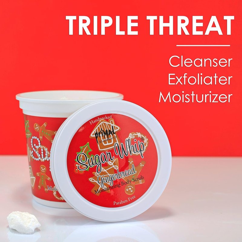 Primal Elements Sugar Scrub - Exfoliating Gingerbread Whip | Face & Body Cleanser, 10 oz