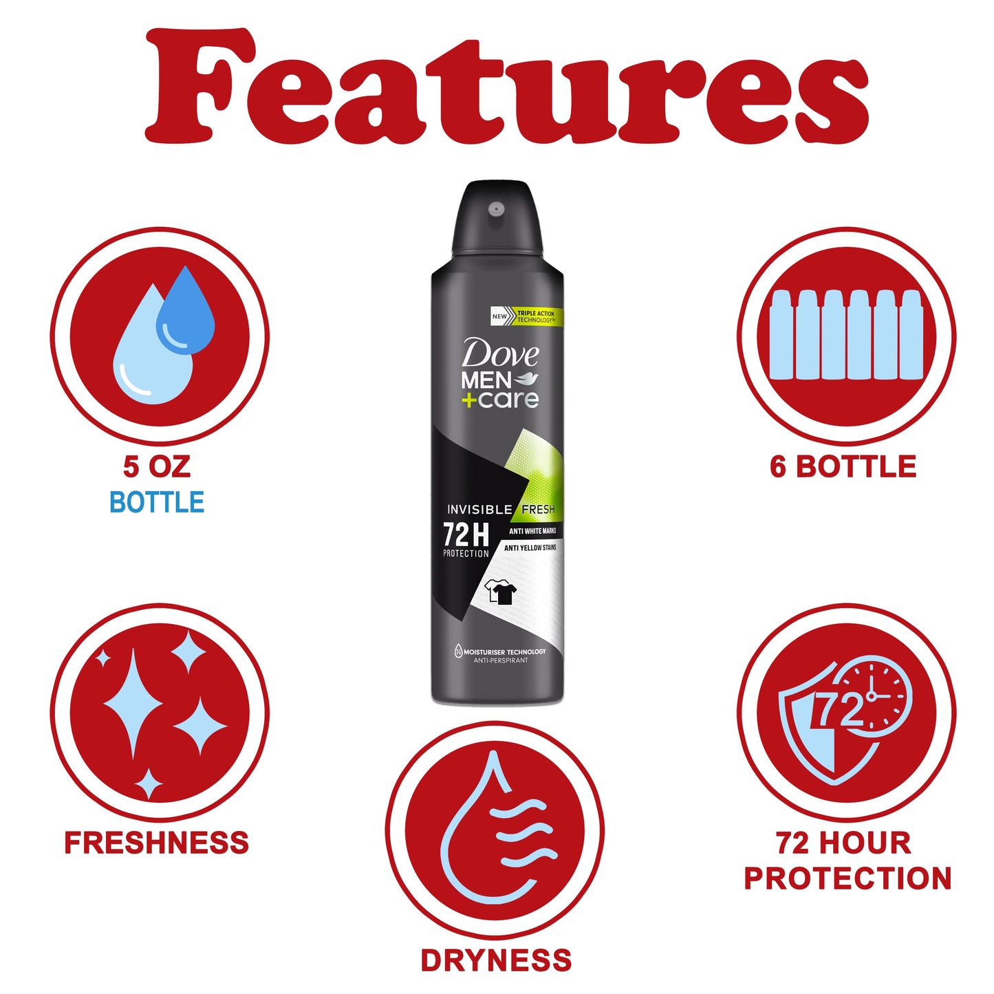 Dove Men+Care Antiperspirant Deodorant Invisible Fresh, 6 Pack, Long Lasting 72 Hour Odor Protection, No White Marks or Yellow Stains, Soothes & Moisturises Skin, 5 oz. Each