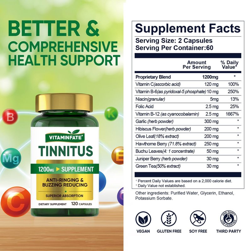 Tinnitus Relief for Ringing Ears Supplement 1200mg - 120 Capsules | Supports Ear Health and Reduces Tinnitus Symptoms