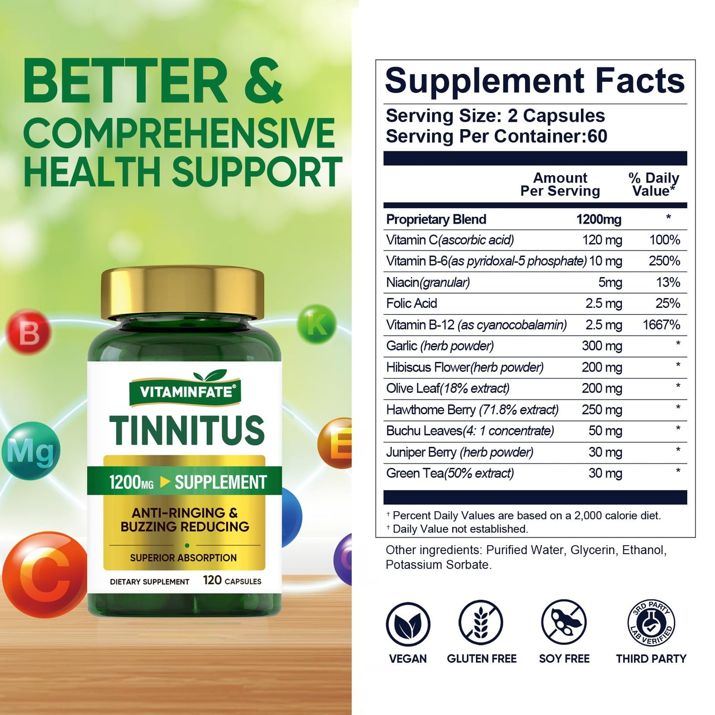 Tinnitus Relief for Ringing Ears Supplement 1200mg - 120 Capsules | Supports Ear Health and Reduces Tinnitus Symptoms