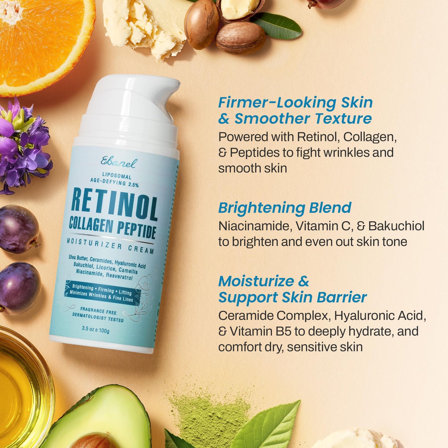 Ebanel Retinol Cream for Face 3.5Oz with Collagen Peptide & Hyaluronic Acid