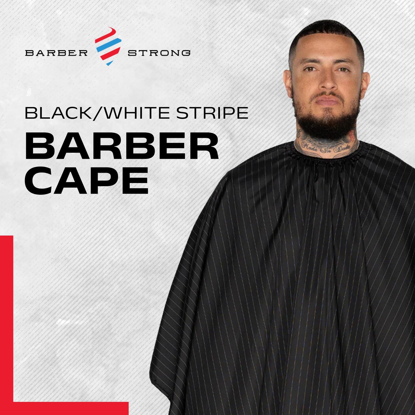 Barber Strong The Barber Cape, Hair Repelling and Static-Reducing Material, Flexible Elastic Neckband for Comfort, Water Resistant Fabric, Oversized for Complete Coverage, Black/White Stripe, 55 x 65"