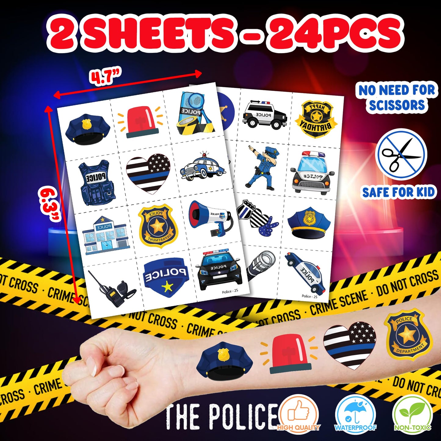 36PCS Police Party Favors - 24PCS Pre-Cut Temporary Tattoos & 12PCS Stamps - Ideal Police Officers Cops Themed Birthday Card Decorations Supplies Goodie Bag Kids Gifts Classroom Rewards Prizes