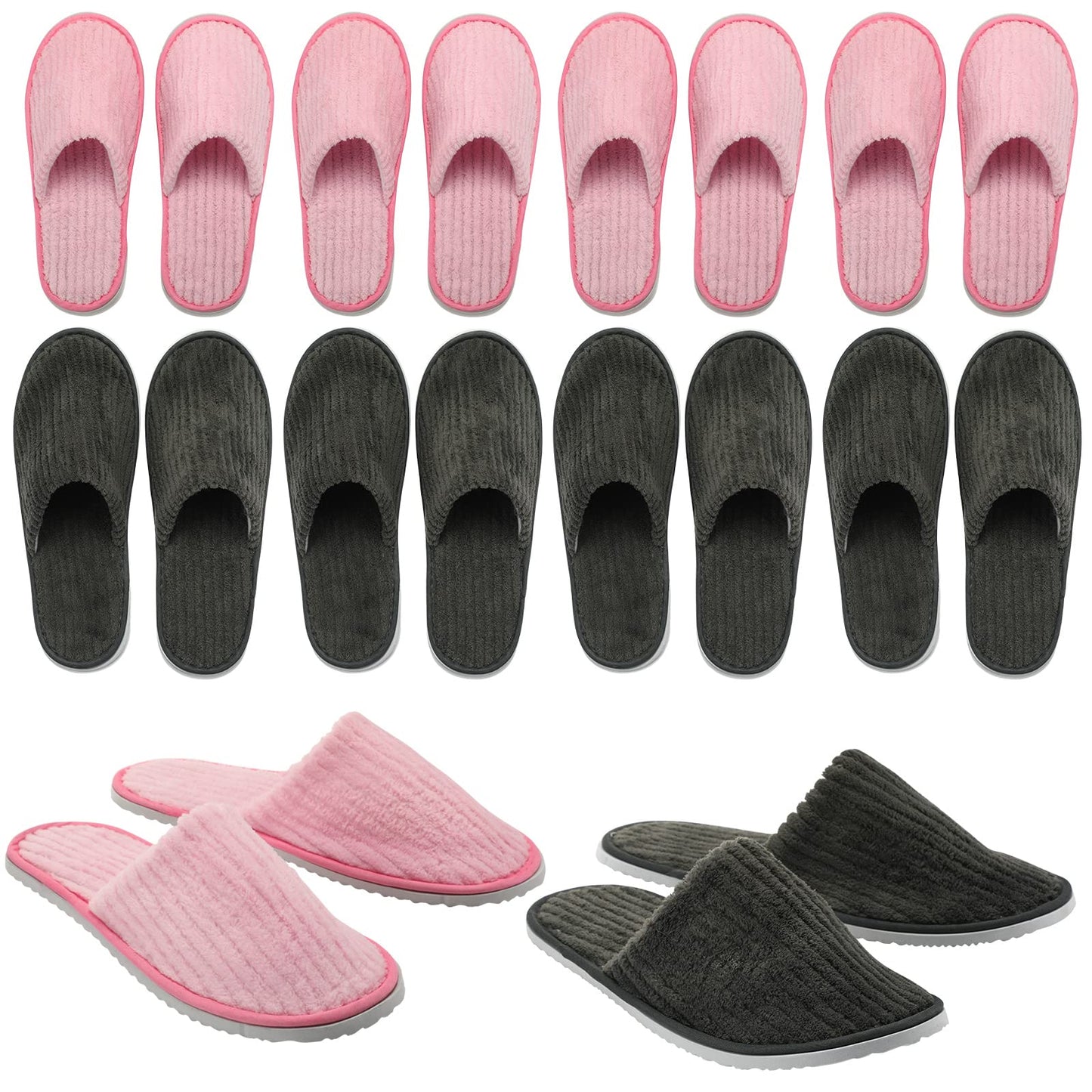 Zhehao 10 Pairs House Slipper for Guest Disposable Slippers Bulk for Travel Non Slip Washable Reusable Women Men Soft Cotton Spa Hotel House Slipper for Wedding Party Home Indoor(Pink, Gray)