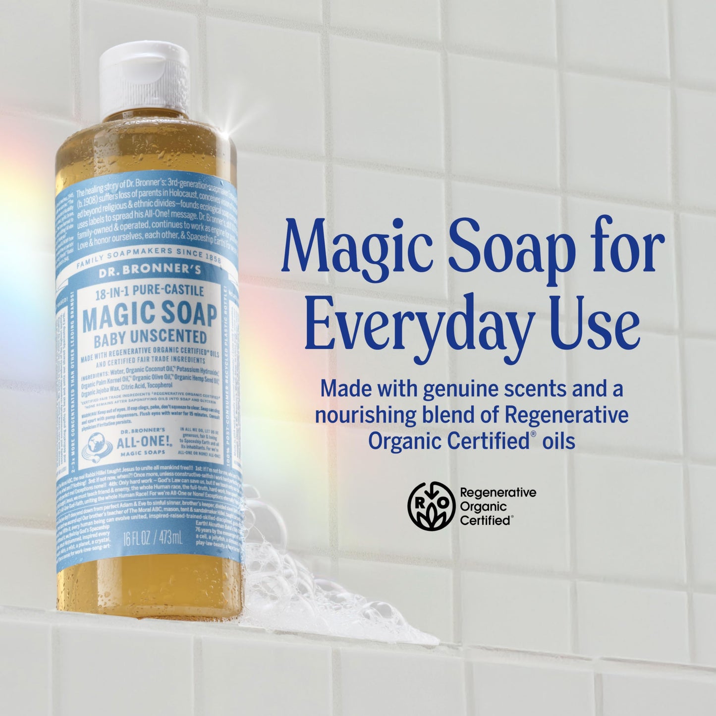 Dr. Bronner's Pure-Castile Magic Liquid Soap (Baby Unscented, 16 Ounce, 2-Pack)- Made with Regenerative Organic Certified Oils, For Face, Hair, Hand & Body Soap, Laundry, Pets- Concentrated, Vegan