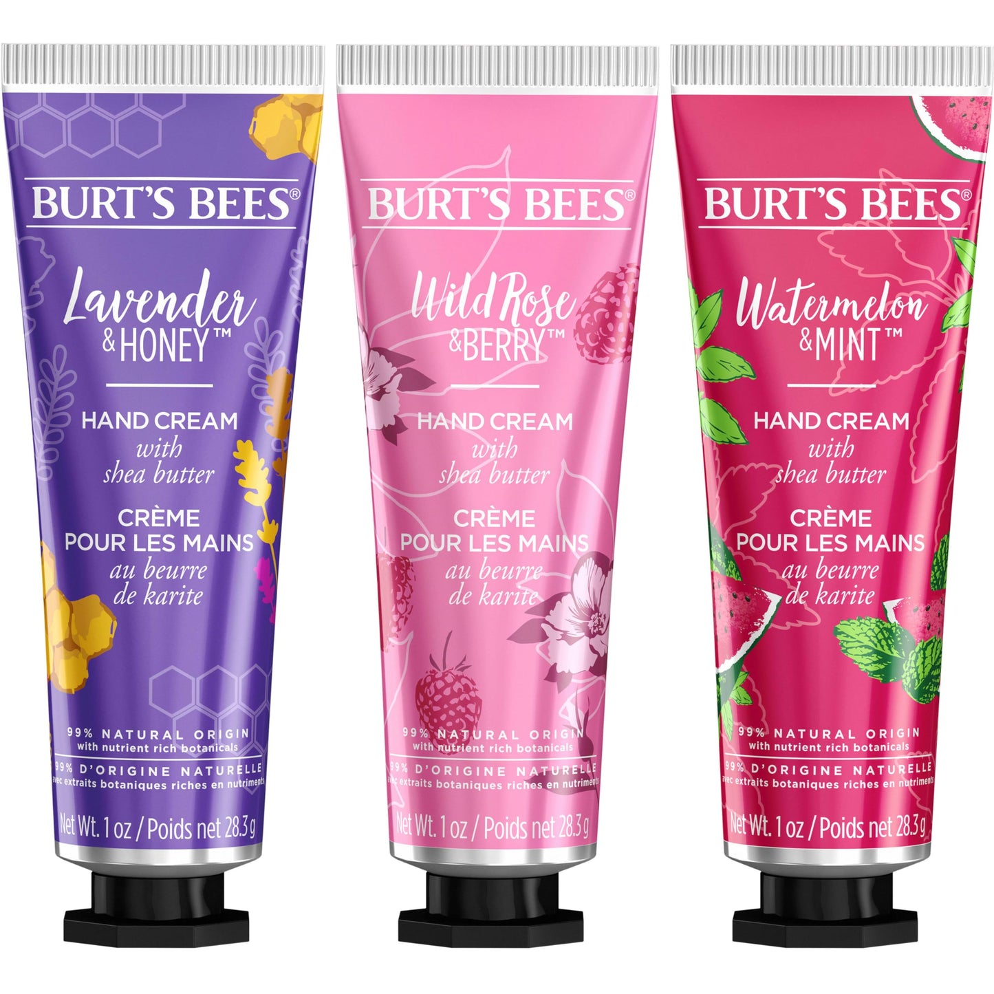 Burt's Bees 3 Body Skincare, Shea Butter Hand Cream Trio Set - Lavender Honey, Watermelon Mint & Wild Rose Berry (3-Pack)