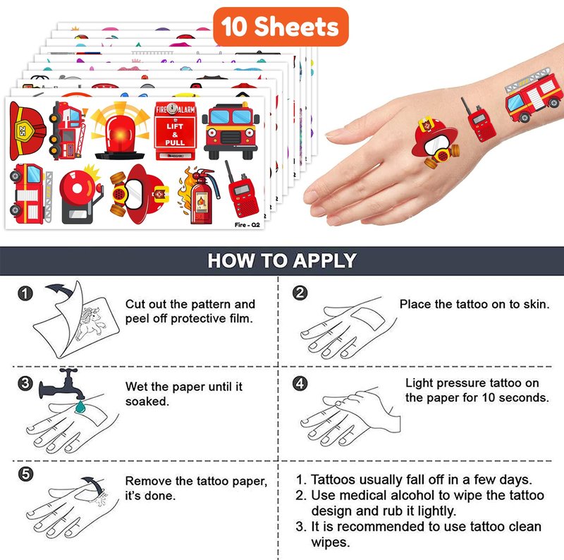 100 PCS Firetruck Temporary Tattoos for Kids - Firefighter Theme Birthday Party Supplies, Firehouse Stickers Favors & Decorations for Boys Girls School Rewards