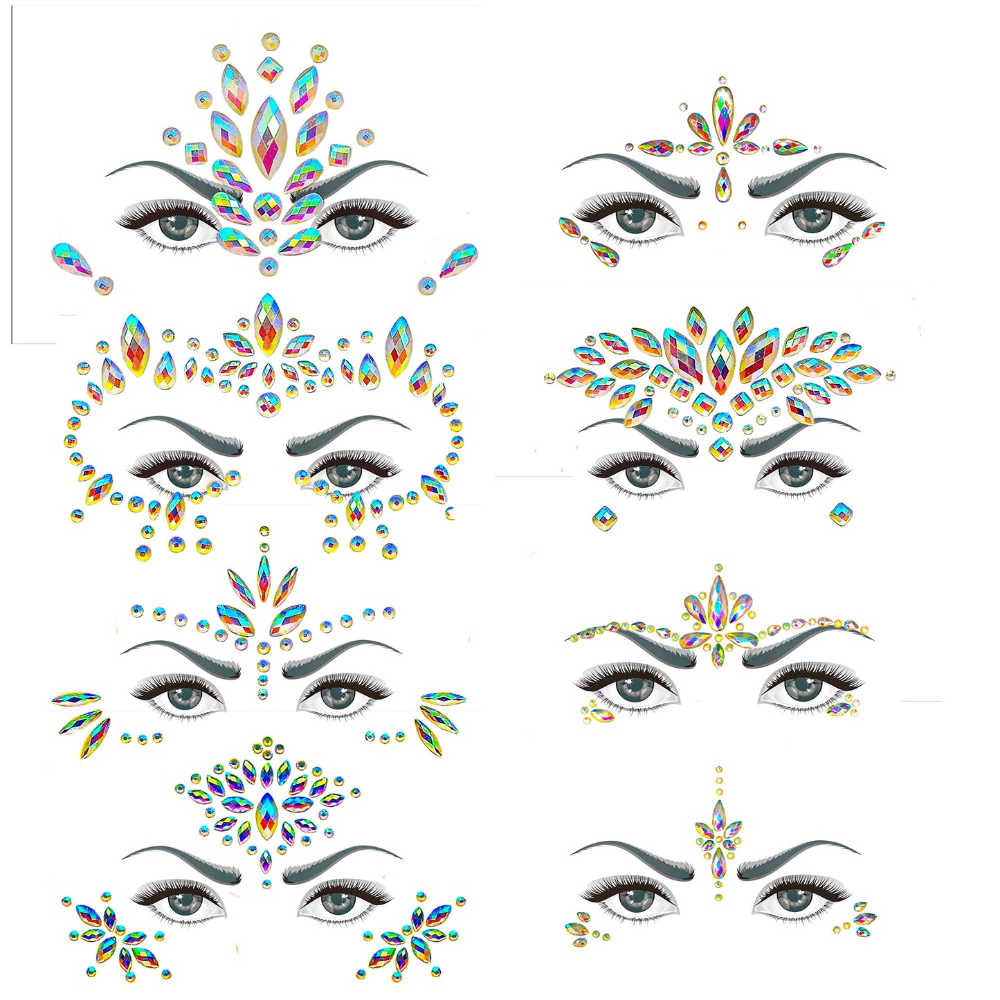 8Sets Noctilucent Face Gems Body Stickers Glow in the Dark Luminous Face Jewels fluorescent face tattoo crystals rhinestone sticker body jewelry for Halloween