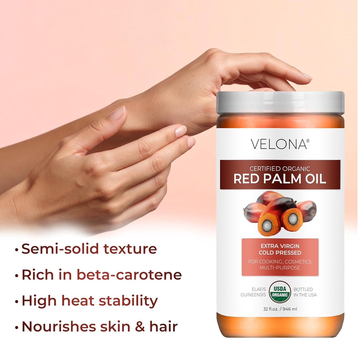Organic Red Palm Oil - USDA Certified, Extra Virgin, Cold Pressed | 32 Fl Oz Jar for Skin, Face, Body & Hair Care