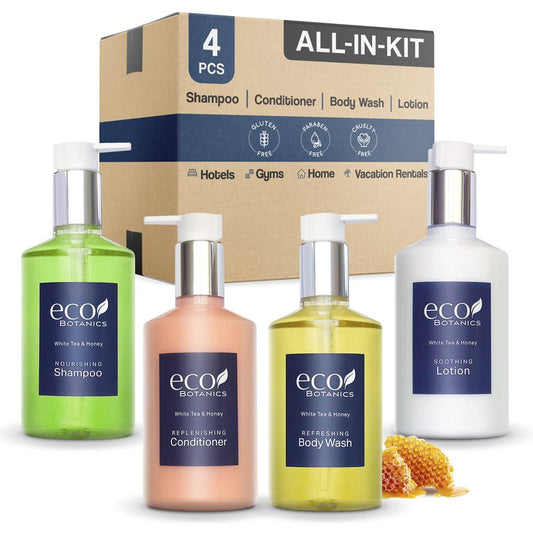 Eco Botanics Hotel Amenities Set | 10.14oz Pump Bottles | Shampoo, Conditioner, Hand & Body Wash, and Lotion | Set of 4