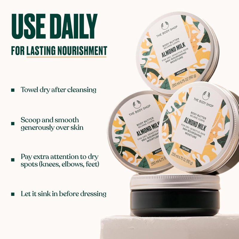 The Body Shop Almond Milk Body Butter, 96H Nourishing Moisture, For Dry, Sensitive Skin, Vegan | 200 mL / 6.75 Oz (192g)