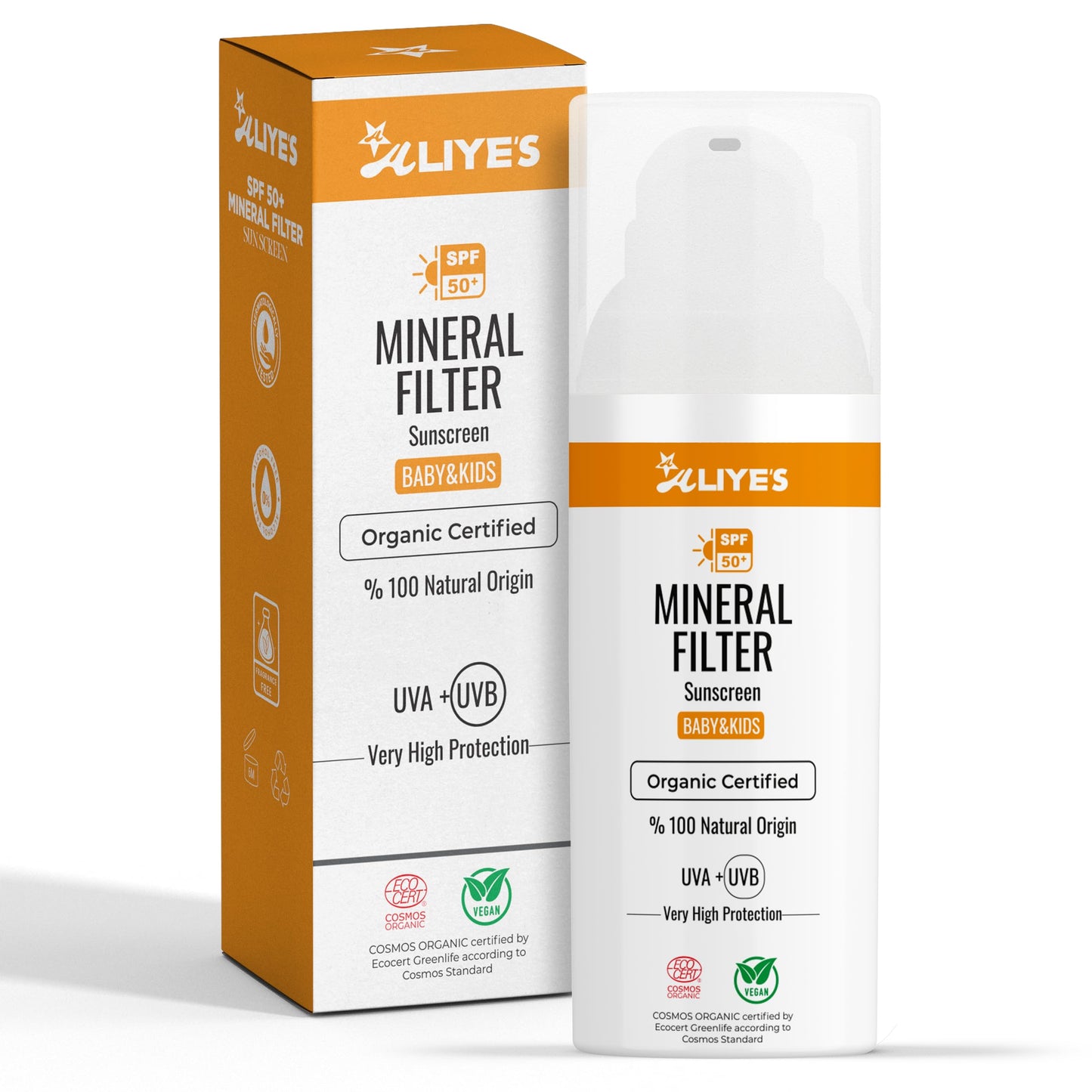 ALIYES SPF 50+ Organic Baby&Kids Mineral Sunscreen – Safe for Babies - Water Resistant Sun Cream – Broad Spectrum UVA/UVB Sun Protection – Vegan Baby Sunscreen Lotion, 1.69 FL