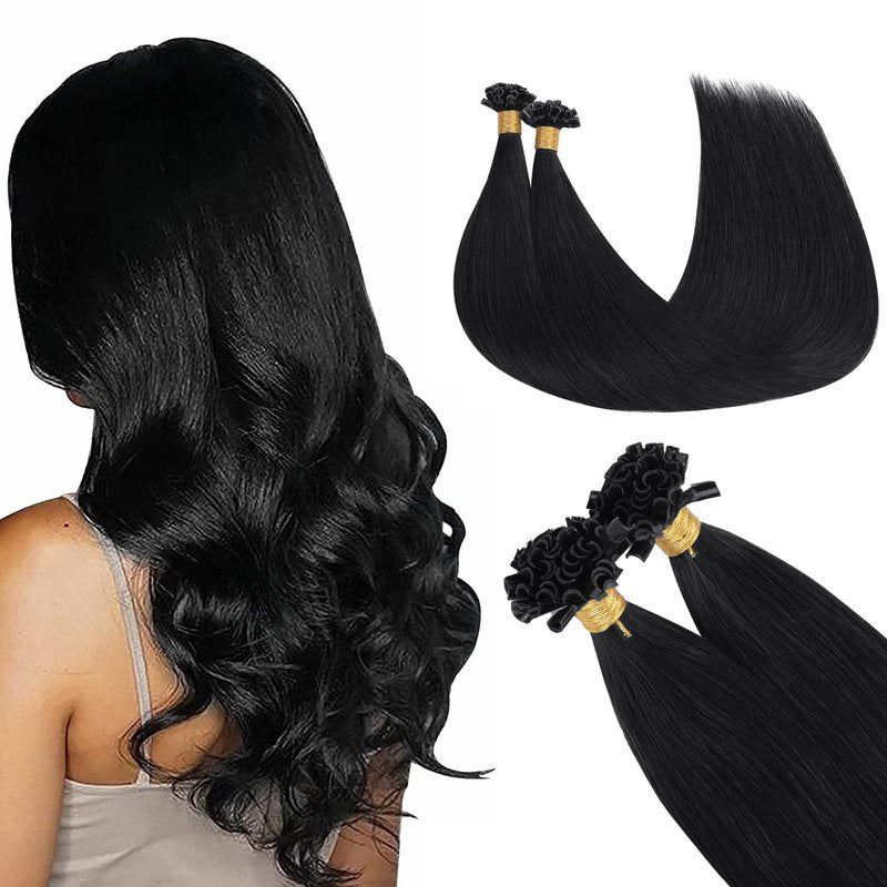 GOO GOO U Tip Real Human Hair Extensions, 16inch 50g 50S, Hot Fusion, Jet Black