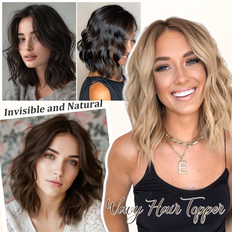 Lommel Hair Toppers for Women 12 Inch Short Wavy Hair Topper with Thinning Hairs Natural-Looking Wiglett Lightweight & Add Volume Hairpiece for White Roots Cover for Daily(Natural Black)