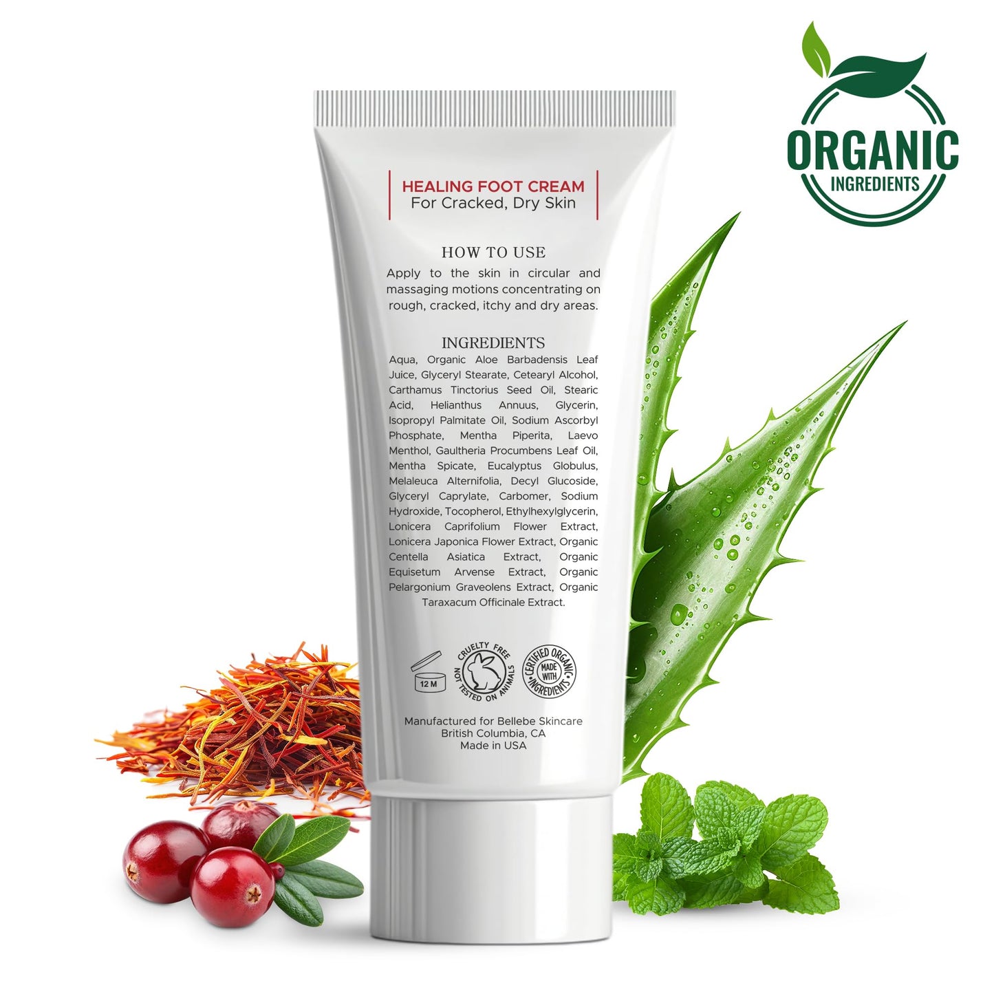 Bellebe Skincare Rapid Repair Foot Cream, Organic Aloe Vera with Eucalyptus and Vitamin C, Intensive Strength for Cracked, Callused, Dry Skin, 120ml