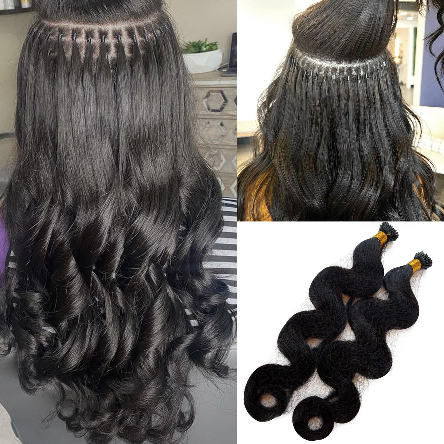 I Tip Hair Extensions Human Hair Body Wave I Tip Extensions Real Human Hair Natural Black Wavy Cold Fusion Remy Hair Keratin Tips for Black Women 20 Inch 50 Strands 50Grams