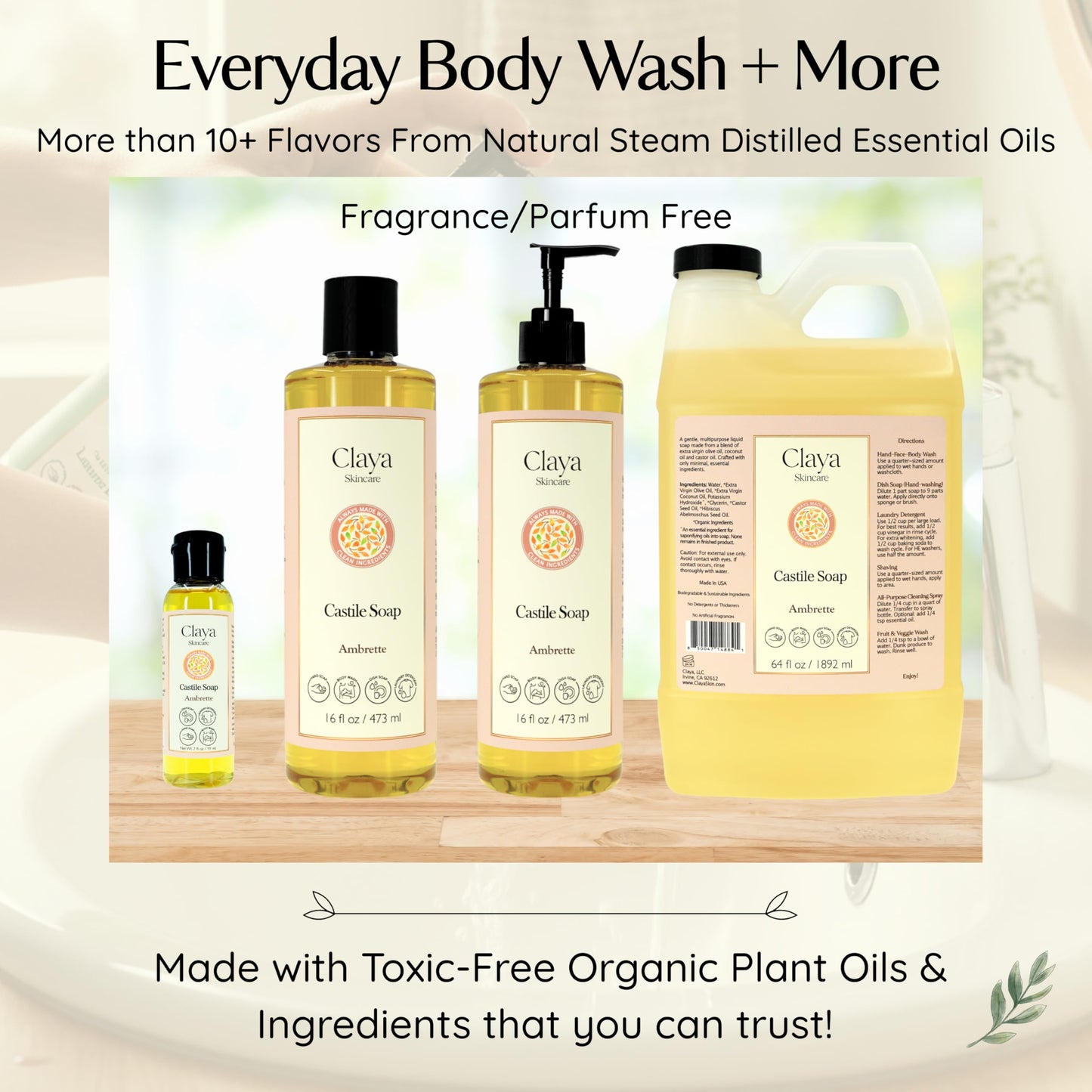 Liquid Castile Soap – Organic Ingredients, Biodegradable, Gentle for Sensitive Skin and Versatile Use (64 fl oz, Laurel Berry)
