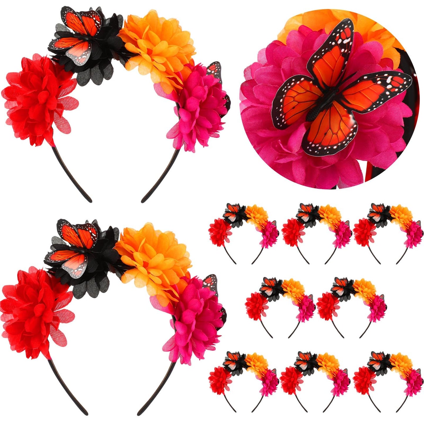 Hotop 10 Pcs Mexican Headbands Hair Flower Crown Accessories with Monarch Butterfly for Fiesta Party Supplies Day of The Dead Decor