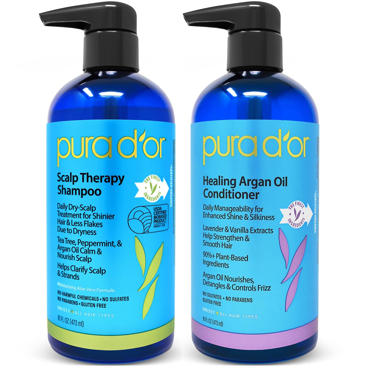 PURA D'OR Scalp Therapy Shampoo & Healing Conditioner Set For Dry & Nourishes Hair with Tea Tree & Scalp Therapy Energizing Scalp Serum Revitalizer with Argan Oil, Catalase & DHT Blockers