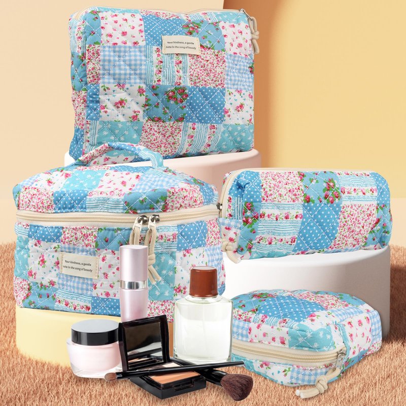 VIWIME Makeup Cosmetic Bag, Large Cotton Quilted Travel Coquette Aesthetic Cute Floral Make up Bag for Women Toiletry Bag Organizer (204- Gird Rose / 4Pcs)